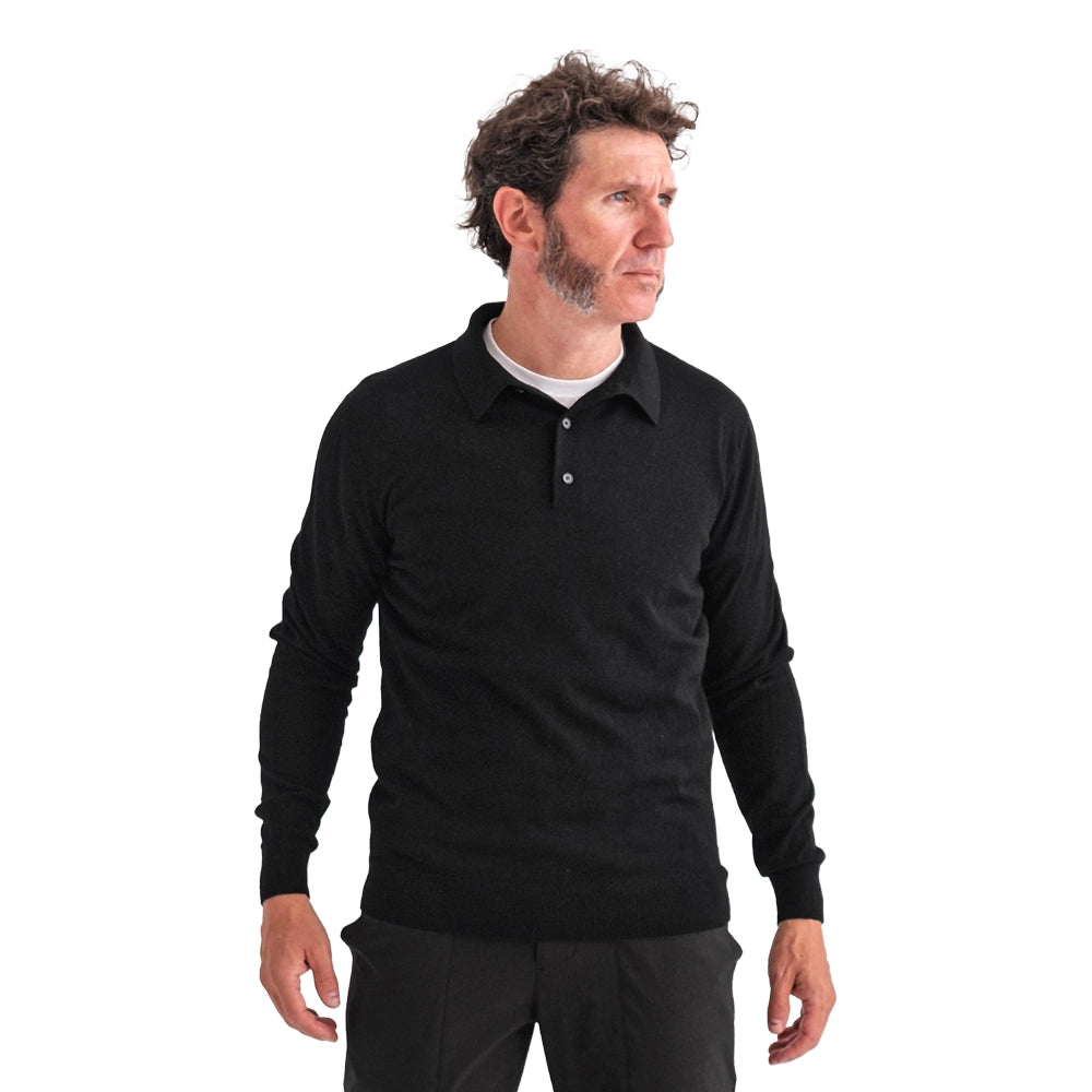 SILENCIOSA Merino Wool Long Sleeve Polo - Black-Casual Shirt-