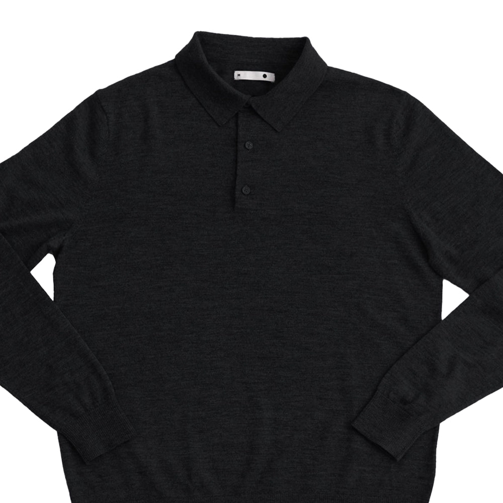 SILENCIOSA Merino Wool Long Sleeve Polo - Black-Casual Shirt-