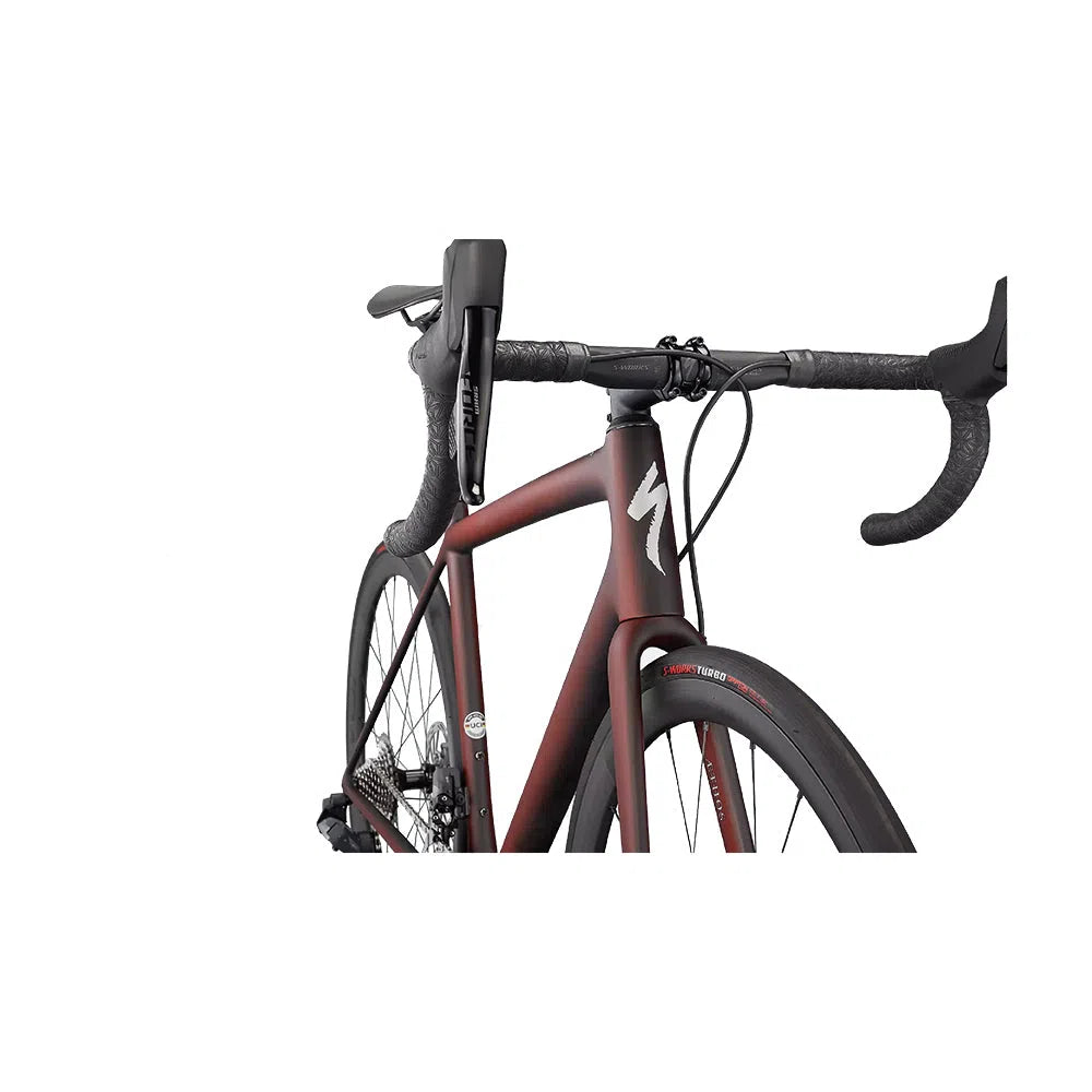 SPECIALIZED AETHOS PRO 2022 Sram Force AXS Disc Complete Road Bike - Maroon / Black Tint Edge Fade-Complete Road Bikes-